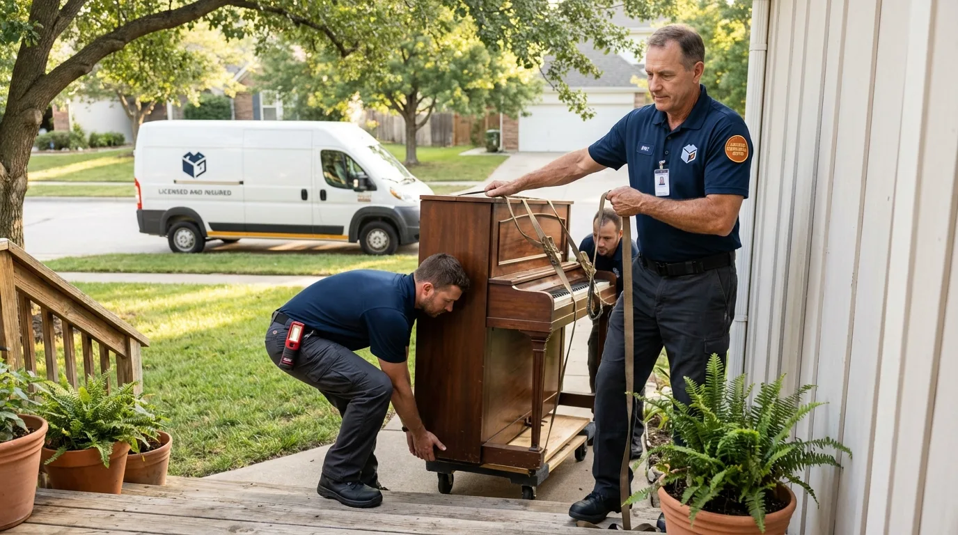 Licensed piano movers securing grand piano in Bethel Park, PA