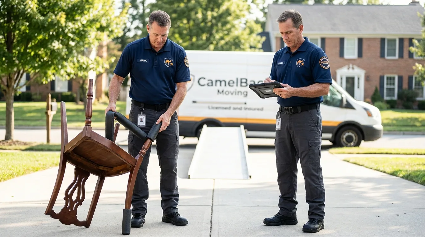 Movers inspecting furniture for damage prevention before loading in Bethel Park, PA