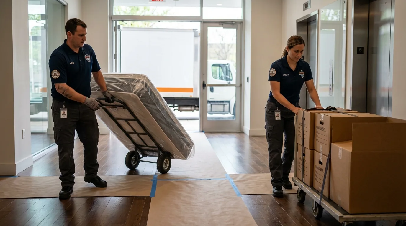 Professional apartment movers loading elevator in Bethel Park, PA