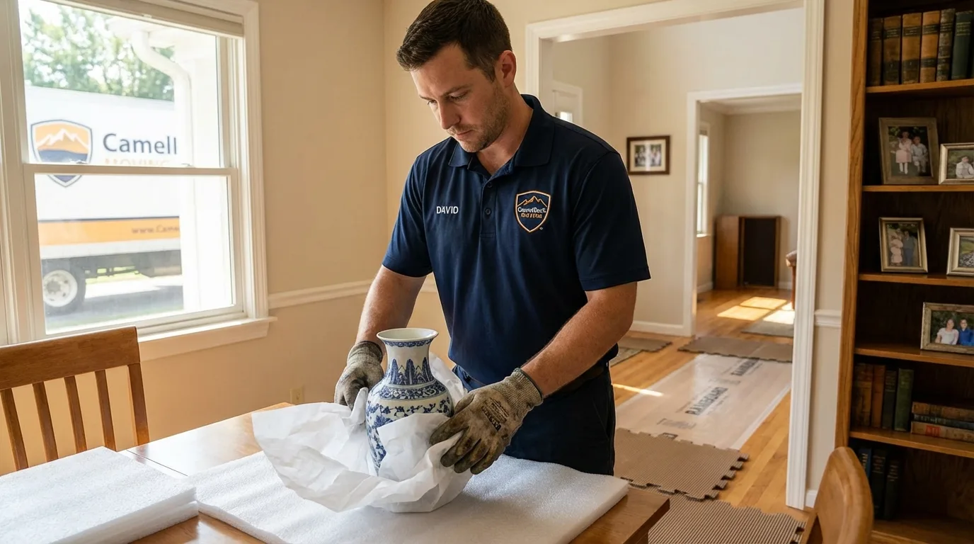 Professional crew carefully wrapping antique vase for senior downsizing move in Bethel Park, PA
